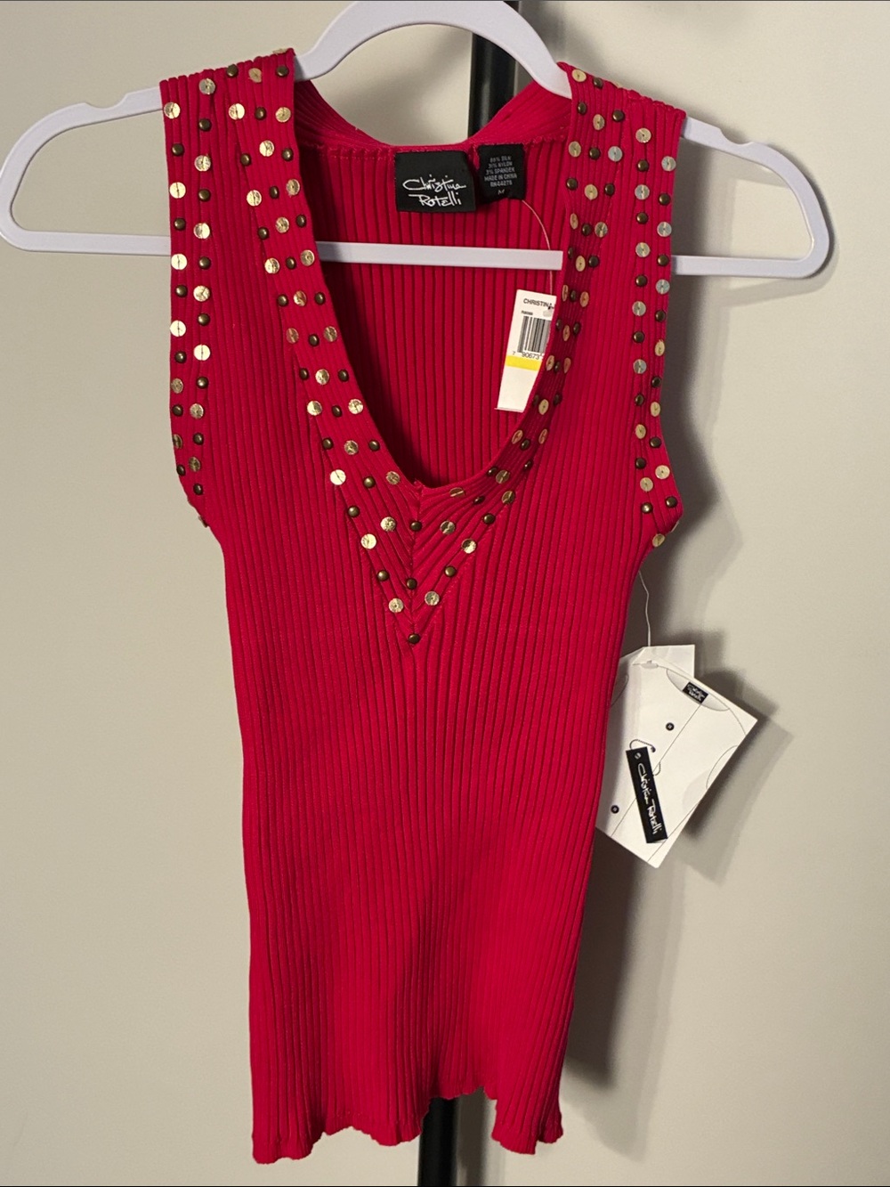 New! Christina Rotelli sleeveless sequin studs tank top ribbed v neck medium NWT